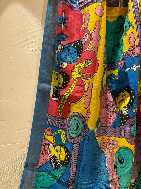 Multicolor Pen Kalamkari Dupatta with Zari Border