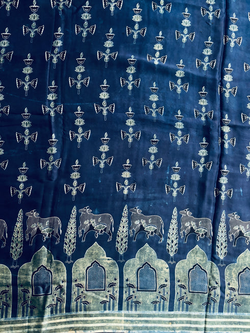 Embroidered Jharokha Blue Modal Silk Ajrakh Saree
