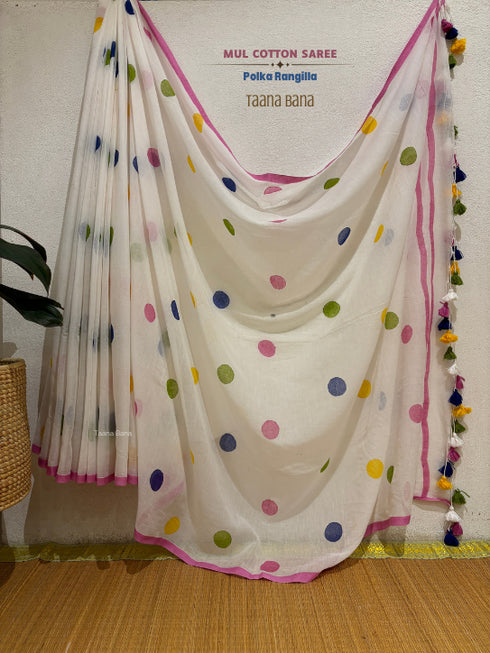 Polka Rangila White Mul Cotton Saree