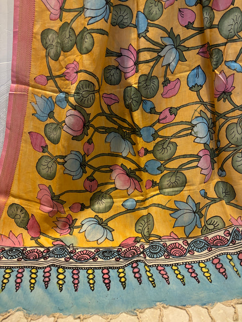 Orange Pen Kalamkari Dupatta with Zari Border