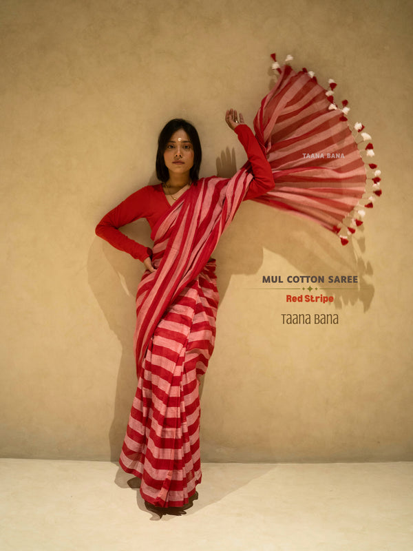 Red Stripe Mul Cotton Saree