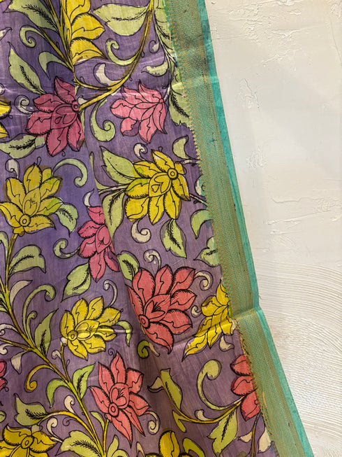 Lavender Pen Kalamkari Dupatta with Zari Border