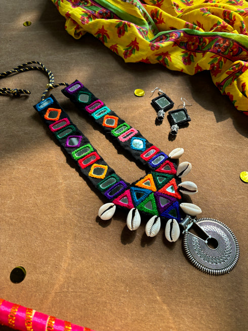 Long Multi Color Mirror Necklace with Earrings