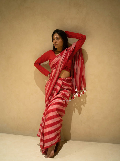 Red Stripe Mul Cotton Saree