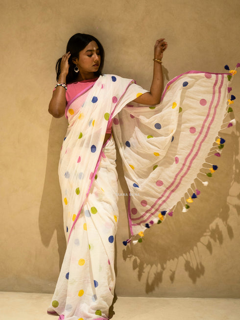 Polka Rangila White Mul Cotton Saree