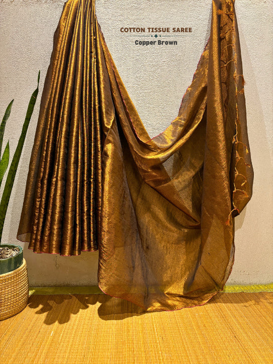 Copper Brown Cotton Tissue Saree