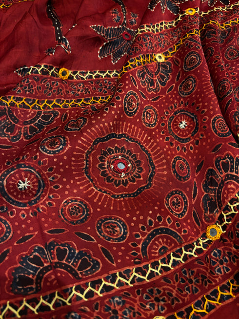 Embroidered Palm Modal Silk Ajrakh Saree