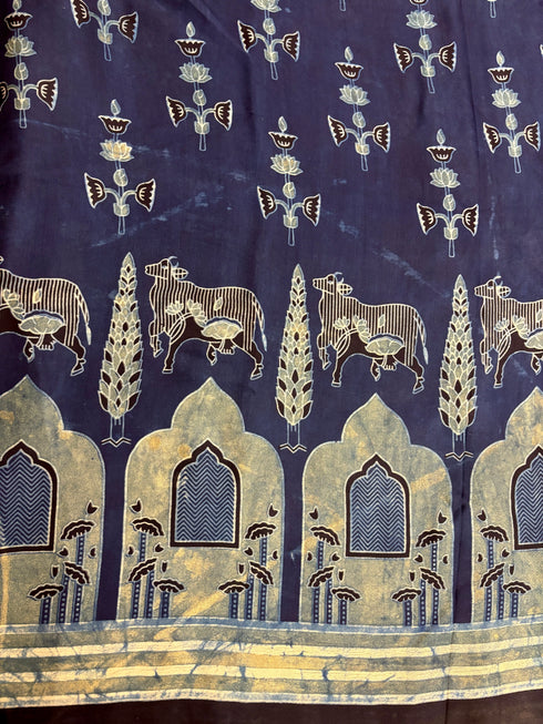 Jharokha Blue Modal Silk Ajrakh Saree