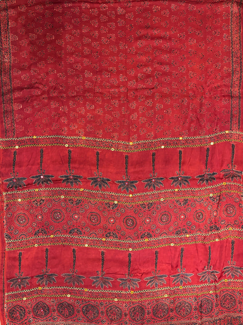 Embroidered Palm Modal Silk Ajrakh Saree