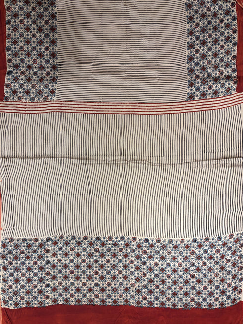 Red Stripe White Modal Silk Ajrakh Saree