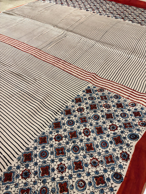 Red Stripe White Modal Silk Ajrakh Saree