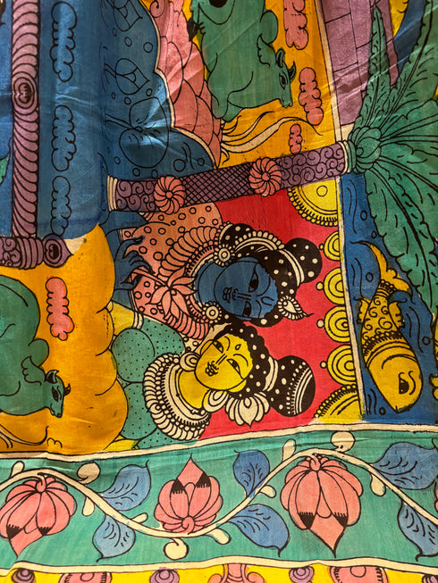 Multicolor Pen Kalamkari Dupatta with Zari Border
