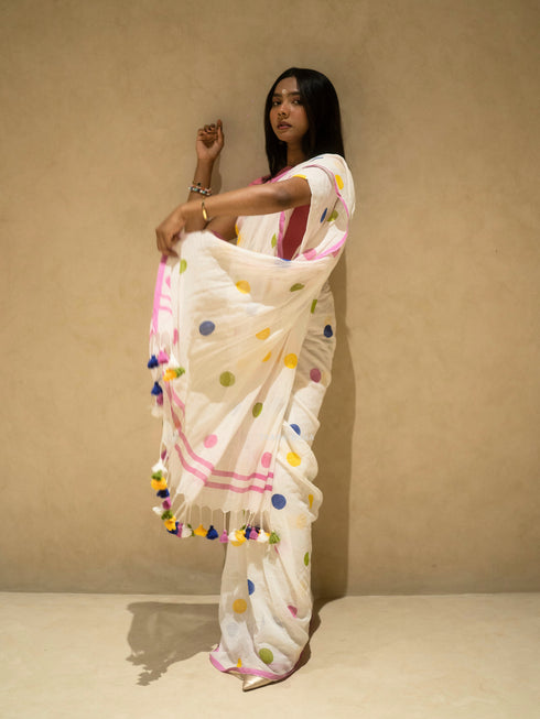Polka Rangila White Mul Cotton Saree