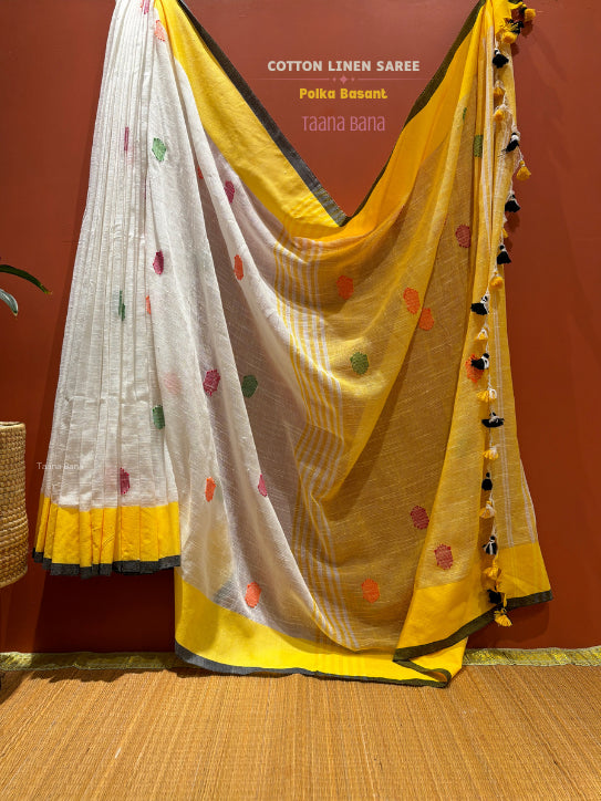 Polka Basant Mul Cotton Linen Saree