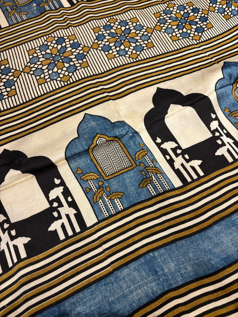 White Gold Modal Silk Ajrakh Saree