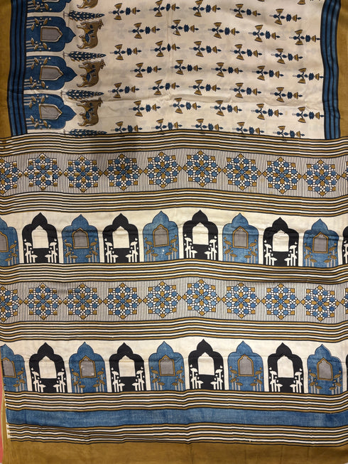 White Gold Modal Silk Ajrakh Saree