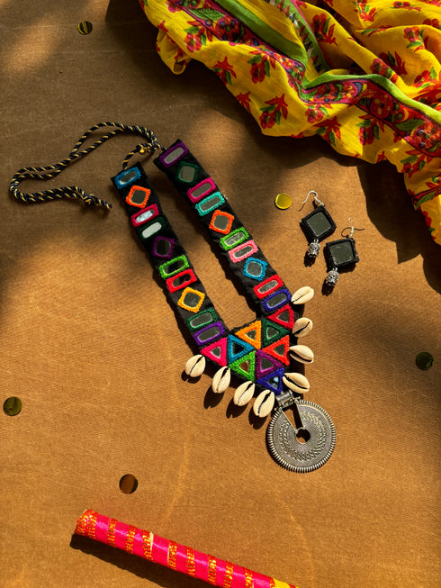 Long Multi Color Mirror Necklace with Earrings