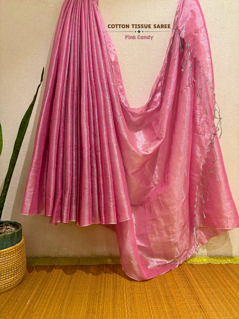 Pink Candy Cotton Tissue Saree