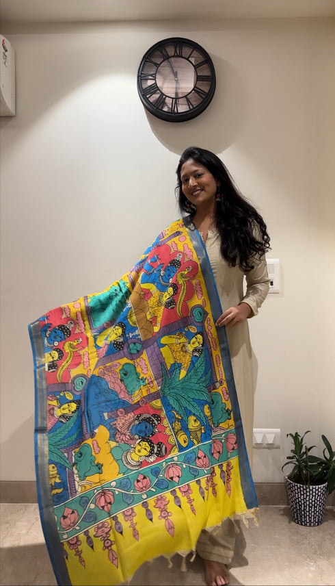 Multicolor Pen Kalamkari Dupatta with Zari Border