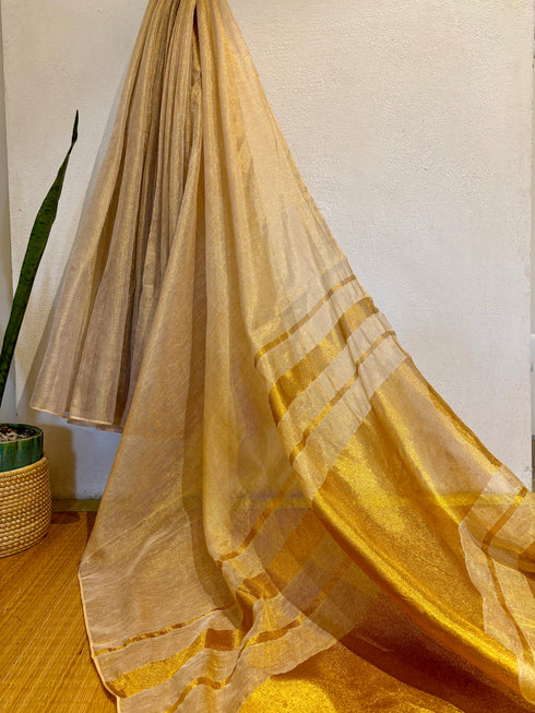 Beige Golden Linen Tissue Saree