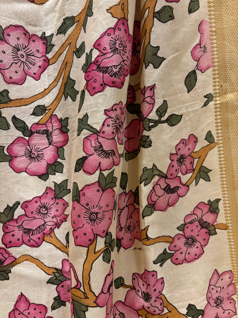 Floral Pen Kalamkari Dupatta with Zari Border
