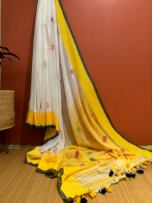 Polka Basant Mul Cotton Linen Saree