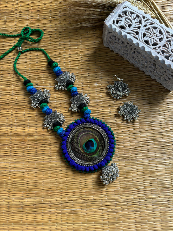 Green Blue Peacock Oxidised Fabric Necklace