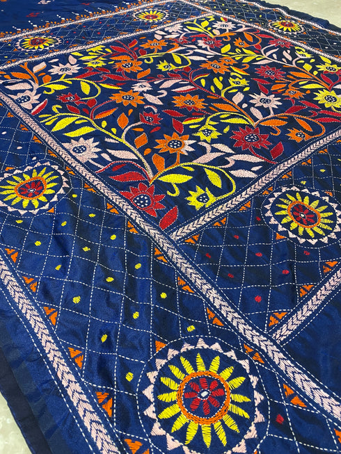 Chuski- Blue Kantha Silk Saree from Bengal
