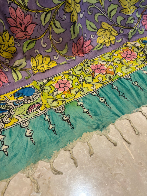 Lavender Pen Kalamkari Dupatta with Zari Border