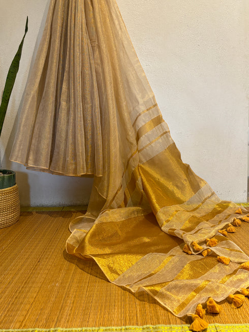 Beige Golden Linen Tissue Saree