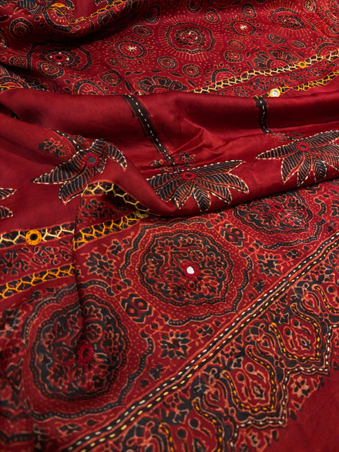 Embroidered Palm Modal Silk Ajrakh Saree