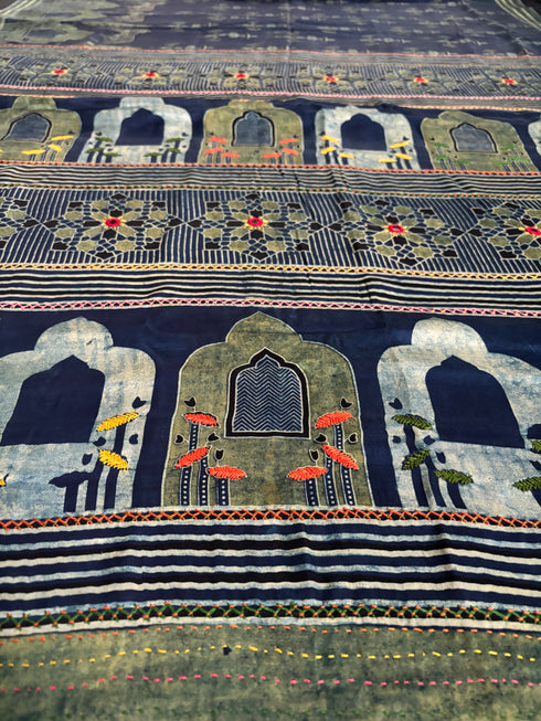 Embroidered Jharokha Blue Modal Silk Ajrakh Saree