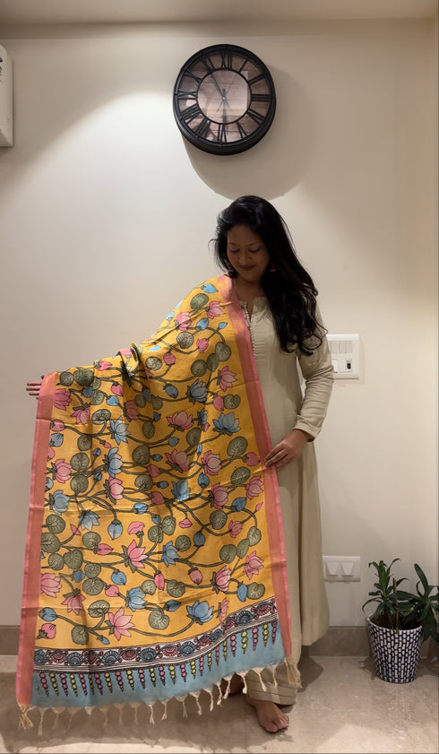 Orange Pen Kalamkari Dupatta with Zari Border