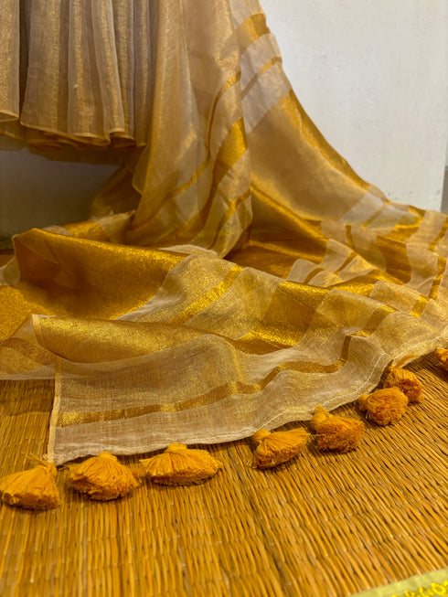Beige Golden Linen Tissue Saree