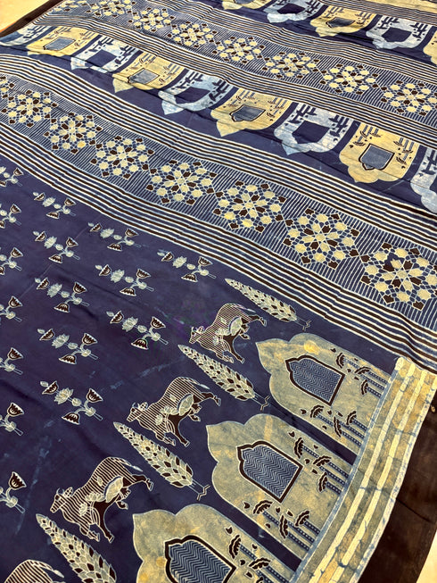 Jharokha Blue Modal Silk Ajrakh Saree