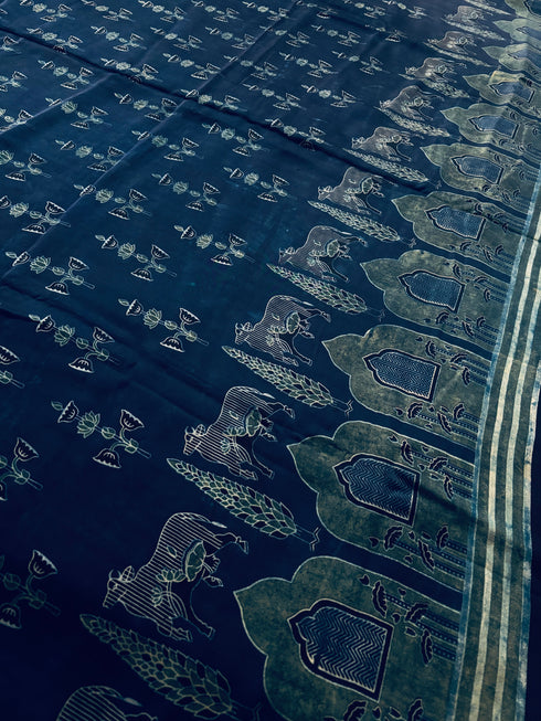 Embroidered Jharokha Blue Modal Silk Ajrakh Saree