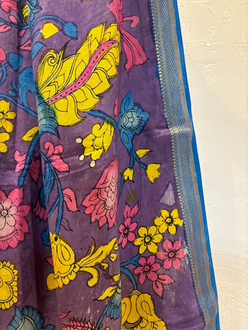 Purple Pen Kalamkari Dupatta with Zari Border