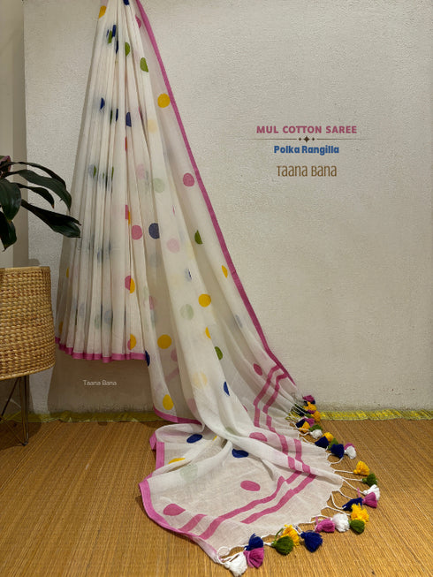 Polka Rangila White Mul Cotton Saree