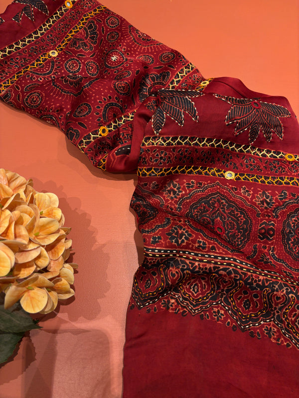 Embroidered Palm Modal Silk Ajrakh Saree