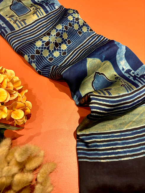 Jharokha Blue Modal Silk Ajrakh Saree