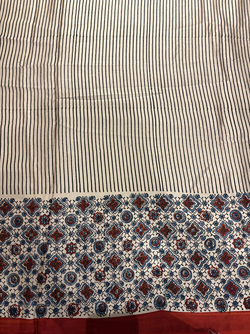 Red Stripe White Modal Silk Ajrakh Saree