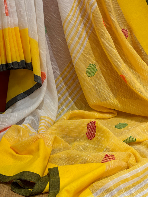 Polka Basant Mul Cotton Linen Saree