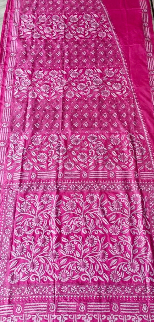 Blush Pink Floral Kantha Silk Saree from Bengal