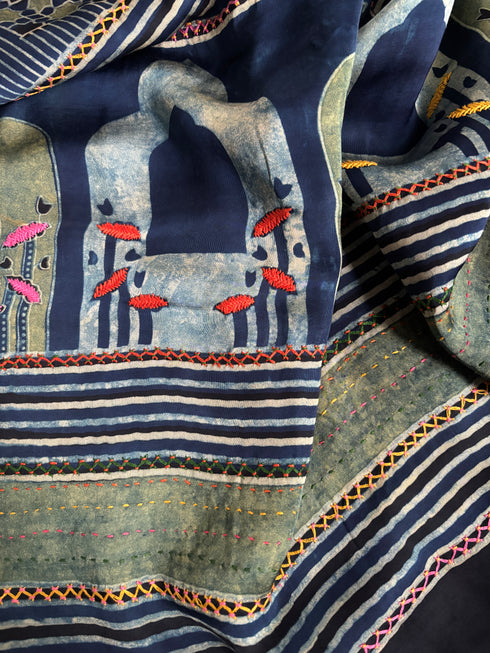 Embroidered Jharokha Blue Modal Silk Ajrakh Saree