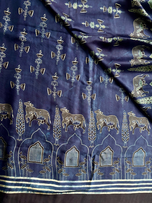 Embroidered Jharokha Blue Modal Silk Ajrakh Saree
