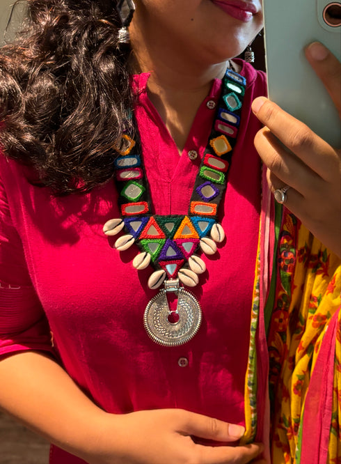 Long Multi Color Mirror Necklace with Earrings