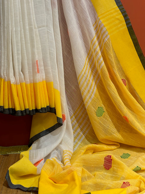 Polka Basant Mul Cotton Linen Saree