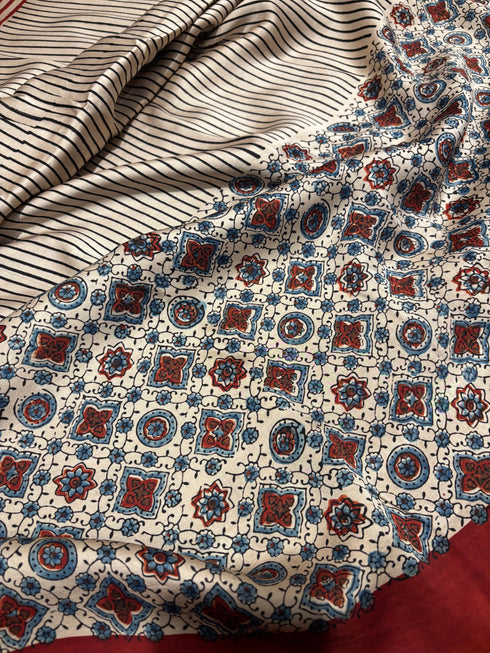 Red Stripe White Modal Silk Ajrakh Saree