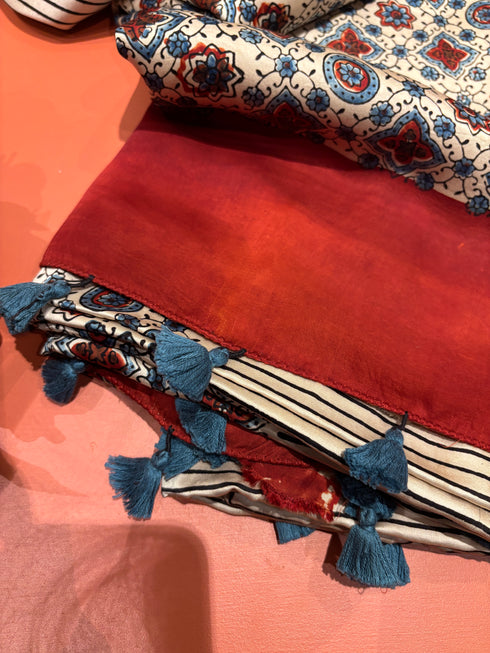 Red Stripe White Modal Silk Ajrakh Saree