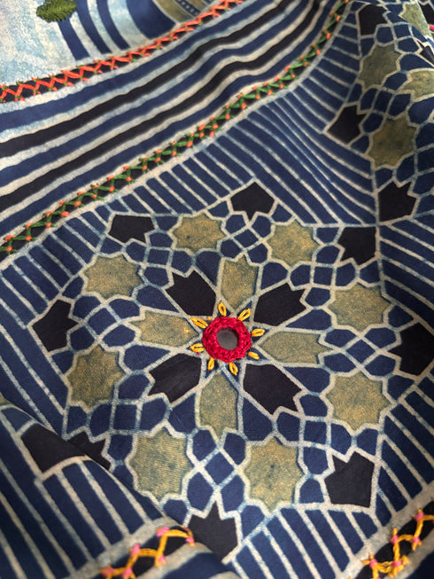 Embroidered Jharokha Blue Modal Silk Ajrakh Saree